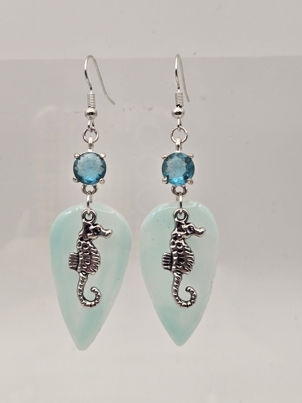 #B107- Aqua Blue Seahorse Drop Earrings with Crystal Accents
